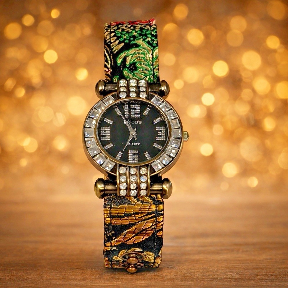 Chico's Women's Boho Quartz Watch Crystal Bezel Fabric Cuff Band Not Tested